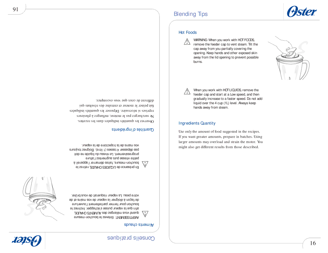 Oster 109478 user manual ’ingrédients Quantités, Hot Foods, Ingredients Quantity 