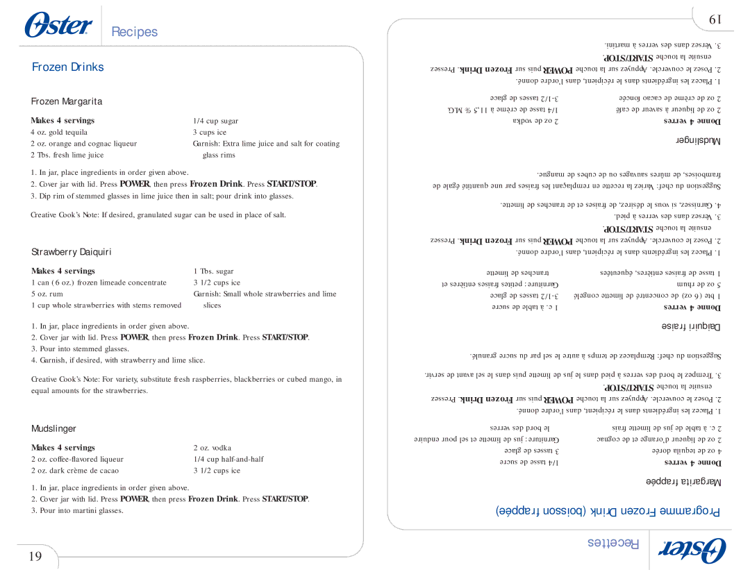 Oster 109478 Frozen Drinks, Frozen Margarita, Strawberry Daiquiri, Mudslinger, Frappée boisson Drink Frozen Programme 