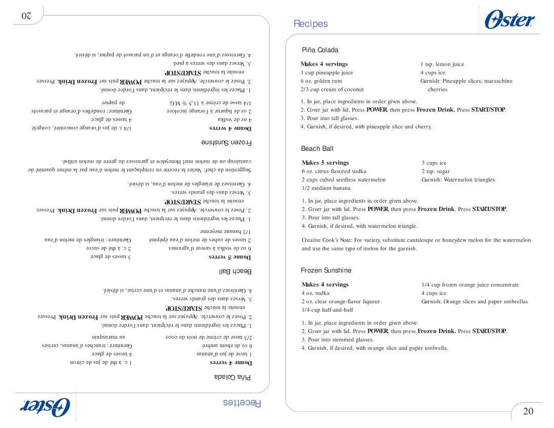 Oster 109478 user manual Piña Colada, Beach Ball, Frozen Sunshine, Verres 5 Donne, Makes 5 servings 