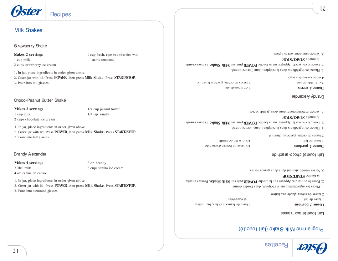 Oster 109478 Milk Shakes, Strawberry Shake, Choco-Peanut Butter Shake, Brandy Alexander, Fouetté lait Shake Milk Programme 