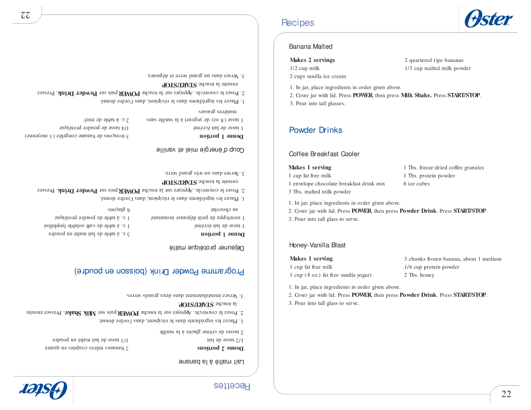 Oster 109478 user manual Powder Drinks, Banana Malted, Coffee Breakfast Cooler, Honey-Vanilla Blast 