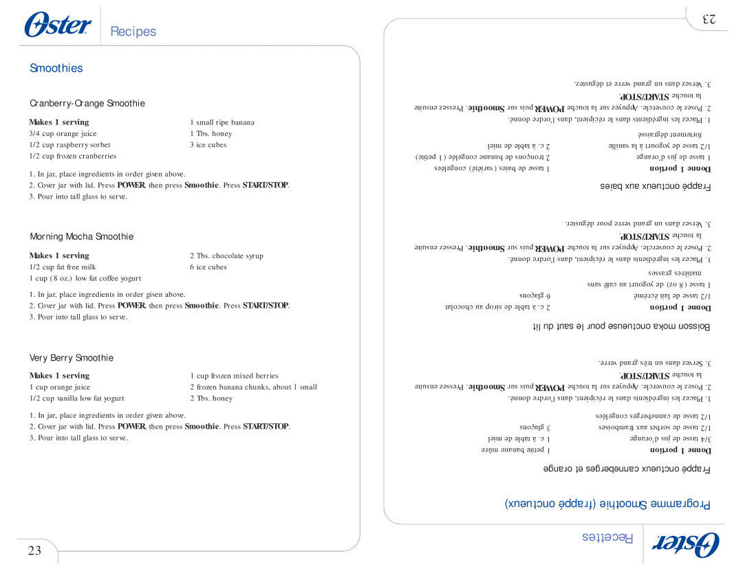 Oster 109478 user manual Smoothies, Cranberry-Orange Smoothie, Morning Mocha Smoothie, Very Berry Smoothie 