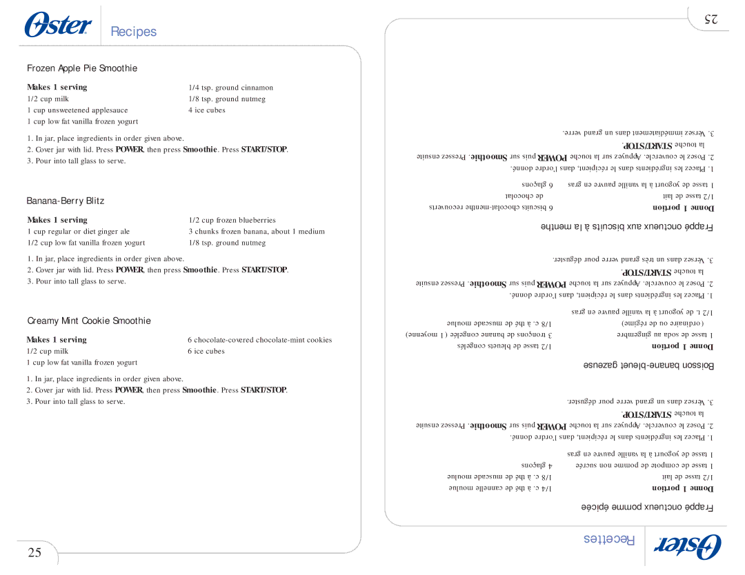 Oster 109478 user manual Frozen Apple Pie Smoothie, Banana-Berry Blitz, Creamy Mint Cookie Smoothie 