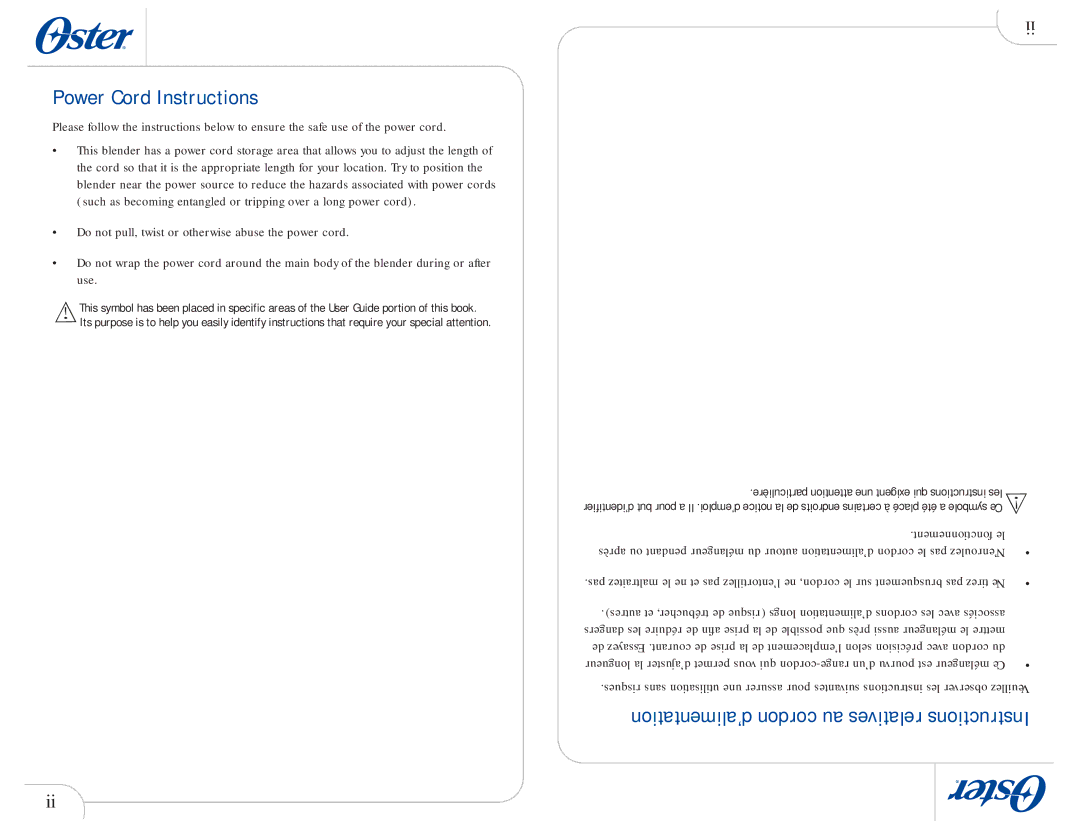 Oster 109478 user manual Power Cord Instructions 