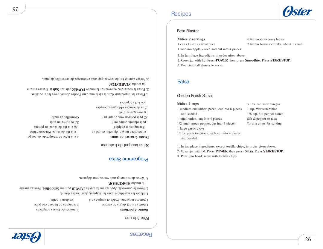 Oster 109478 user manual Beta Blaster, Garden Fresh Salsa, Sauce de tasses 2 Donne, Makes 2 cups 