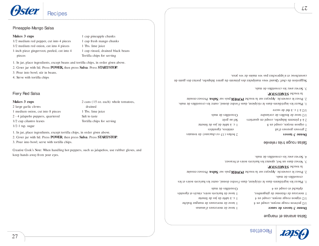Oster 109478 user manual Pineapple-Mango Salsa, Fiery Red Salsa, Makes 3 cups 
