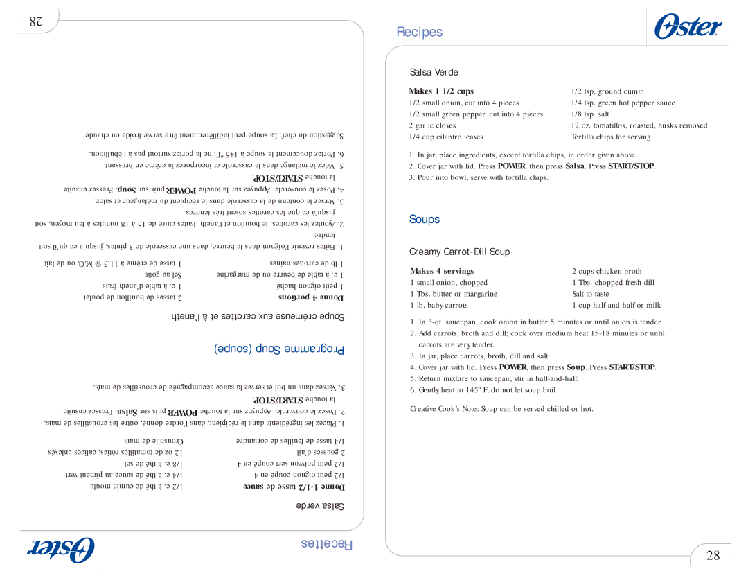 Oster 109478 user manual Soups, Soupe Soup Programme, Salsa Verde, Creamy Carrot-Dill Soup 