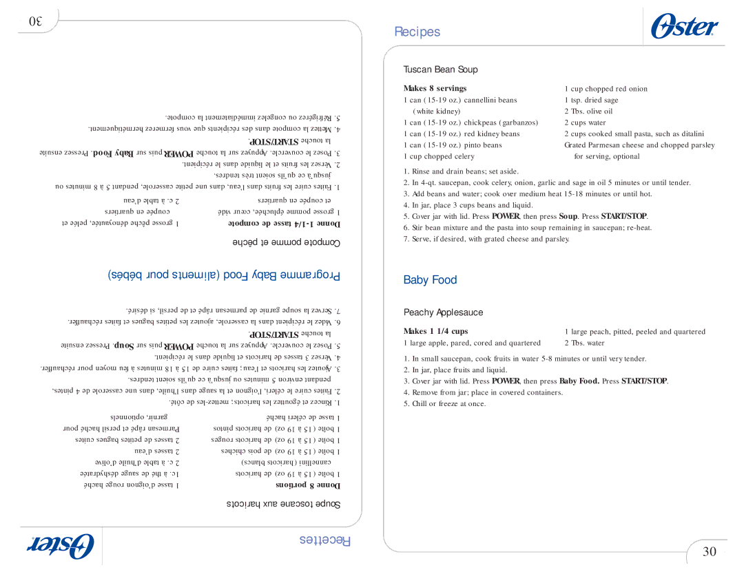 Oster 109478 user manual Baby Food, Tuscan Bean Soup, Peachy Applesauce 