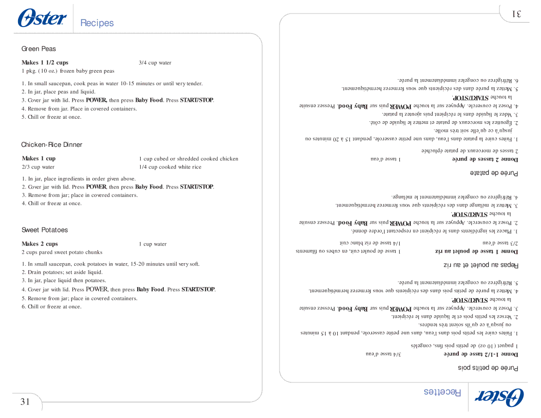 Oster 109478 user manual Green Peas, Chicken-Rice Dinner, Sweet Potatoes 