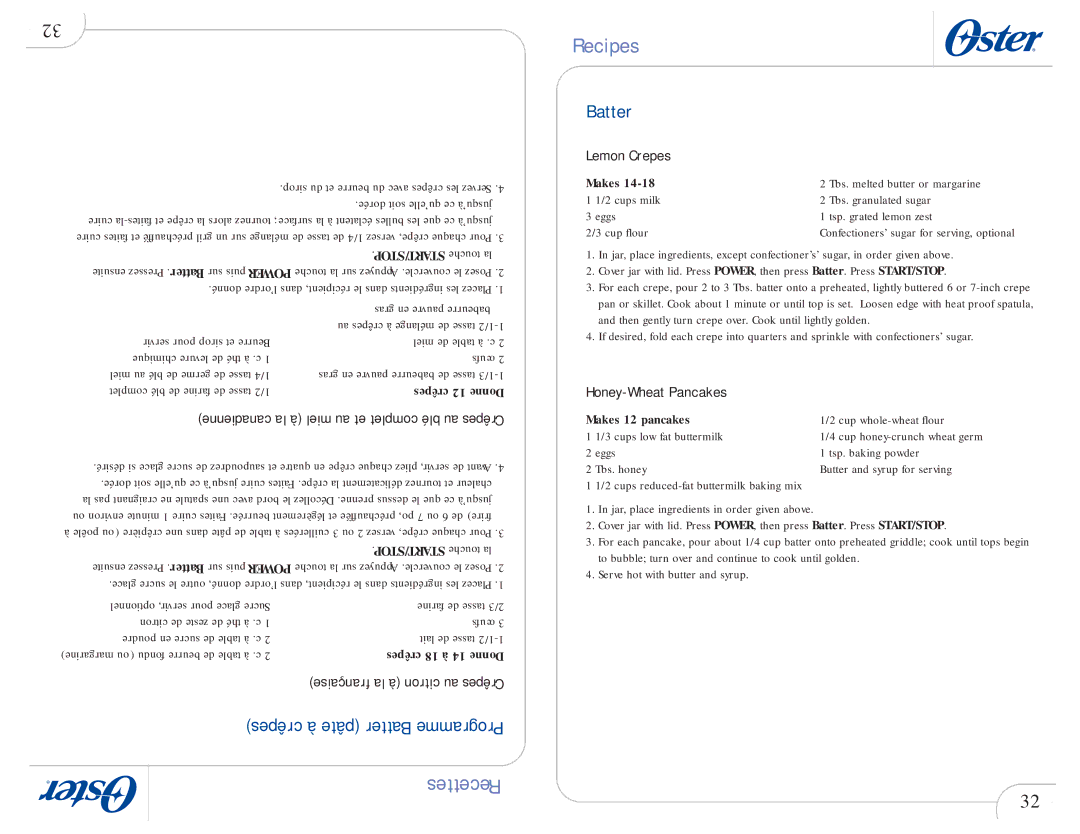 Oster 109478 user manual Batter, Lemon Crepes, Honey-Wheat Pancakes 