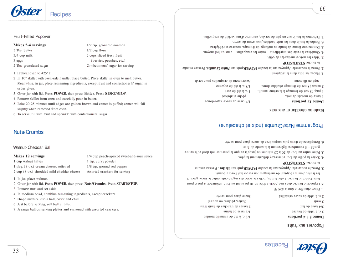 Oster 109478 user manual Fruit-Filled Popover, Walnut-Cheddar Ball, Chapelure et noix Nuts/Crumbs Programme 