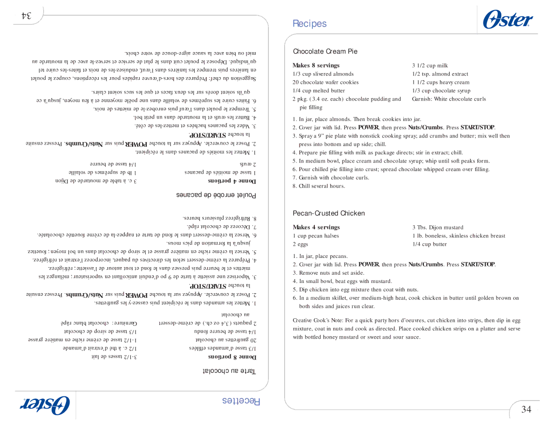 Oster 109478 user manual Chocolate Cream Pie, Pecan-Crusted Chicken 