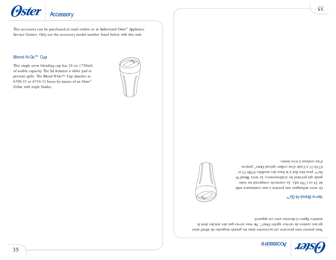 Oster 109478 user manual Accessory, Accessoire, Blend-N-GoCup, Go-N-Blend Verre 
