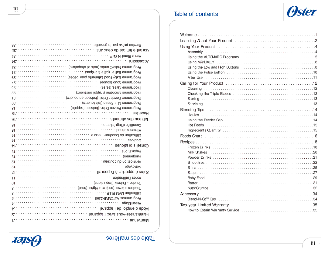 Oster 109478 user manual Table of contents 