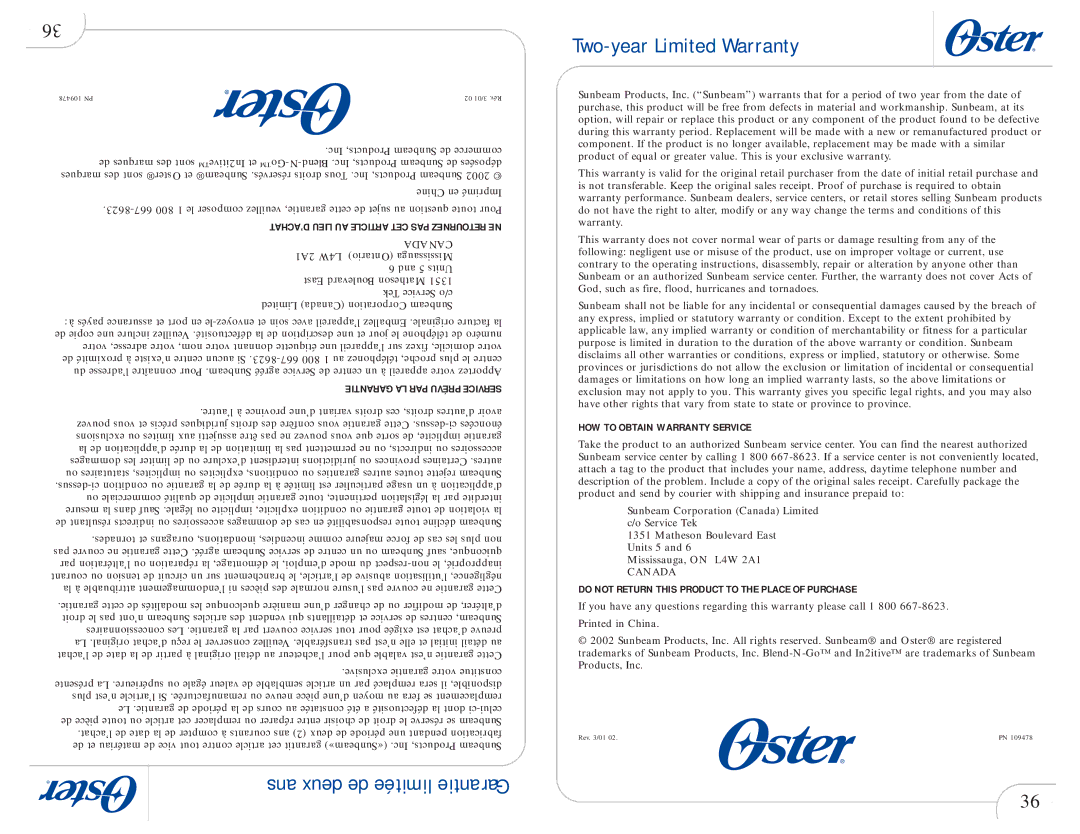 Oster 109478 user manual Two-year Limited Warranty, Canada 