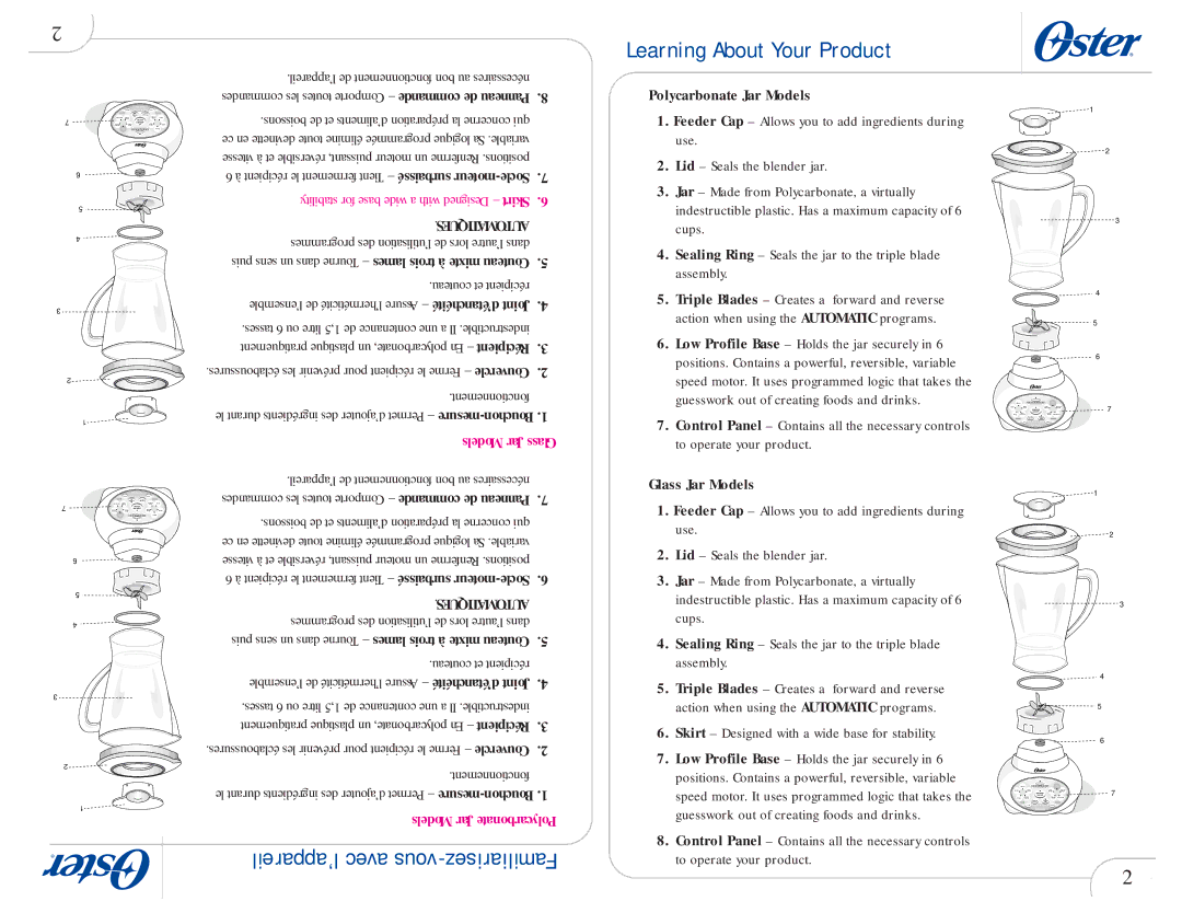 Oster 109478 user manual Learning About Your Product, Skirt Designed with a wide base for stability 