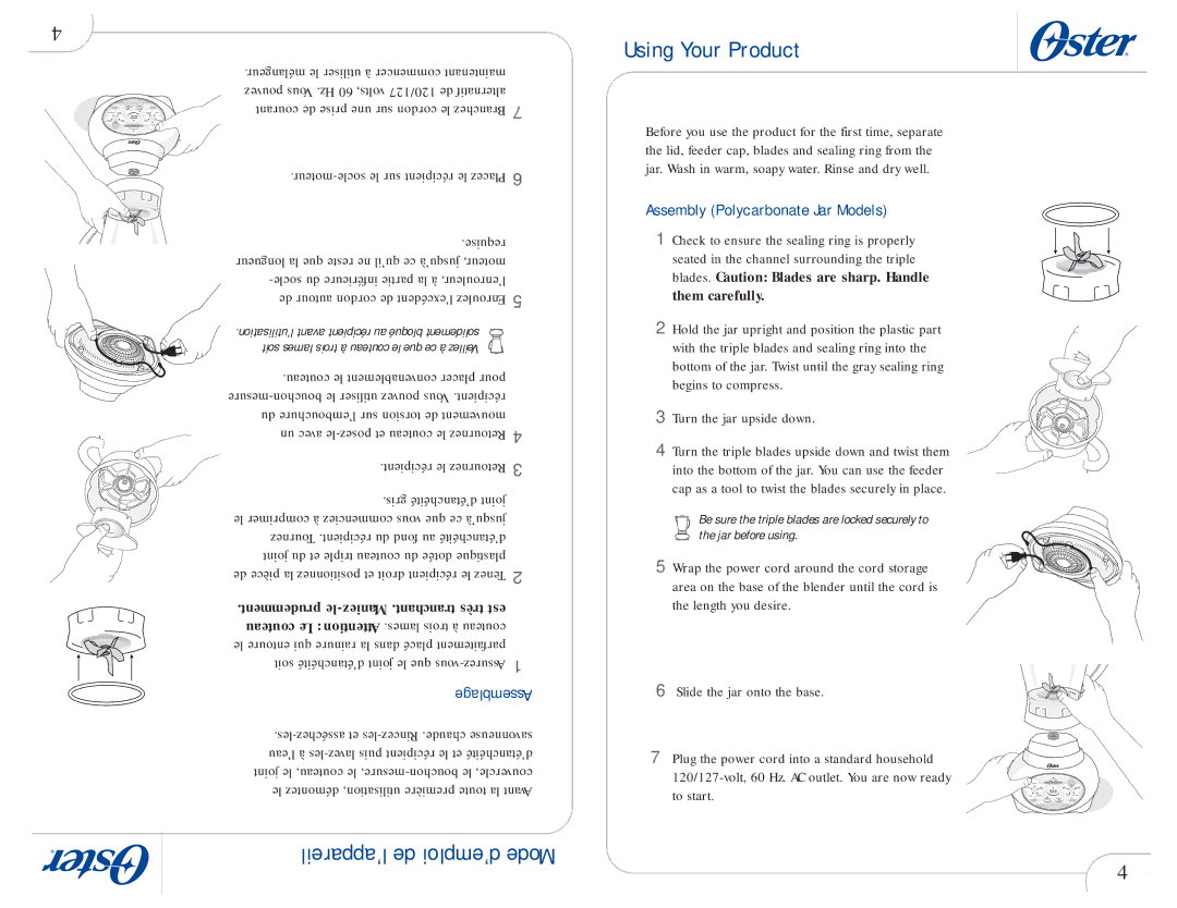 Oster 109478 user manual Using Your Product, Assembly Polycarbonate Jar Models, Requise 