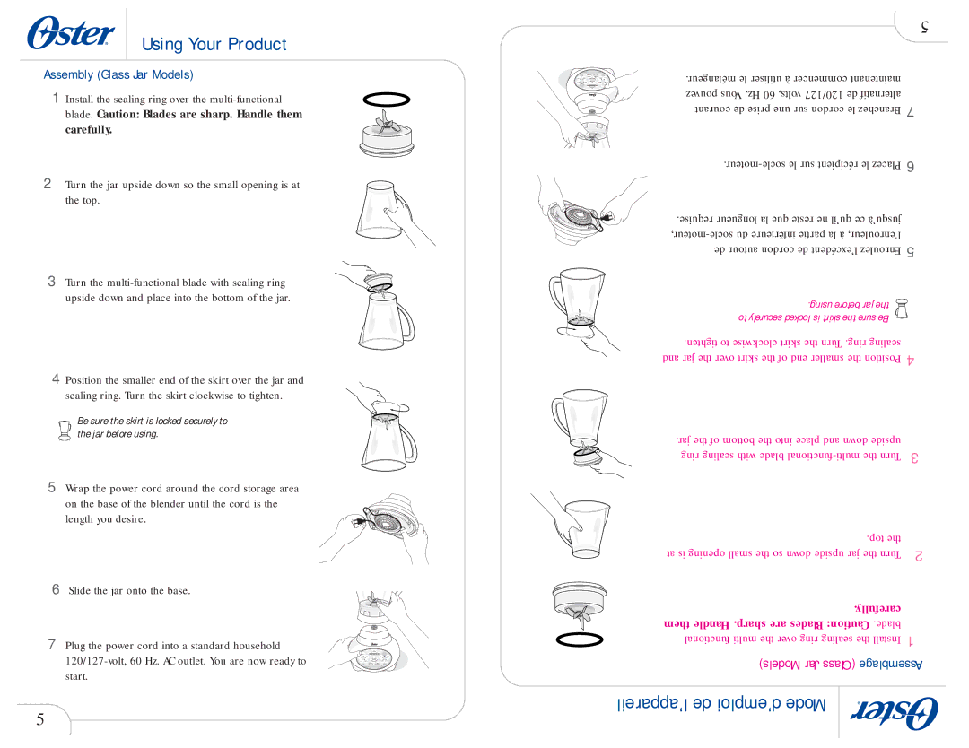 Oster 109478 user manual Assembly Glass Jar Models, Turn the jar upside down so the small opening is at the top 