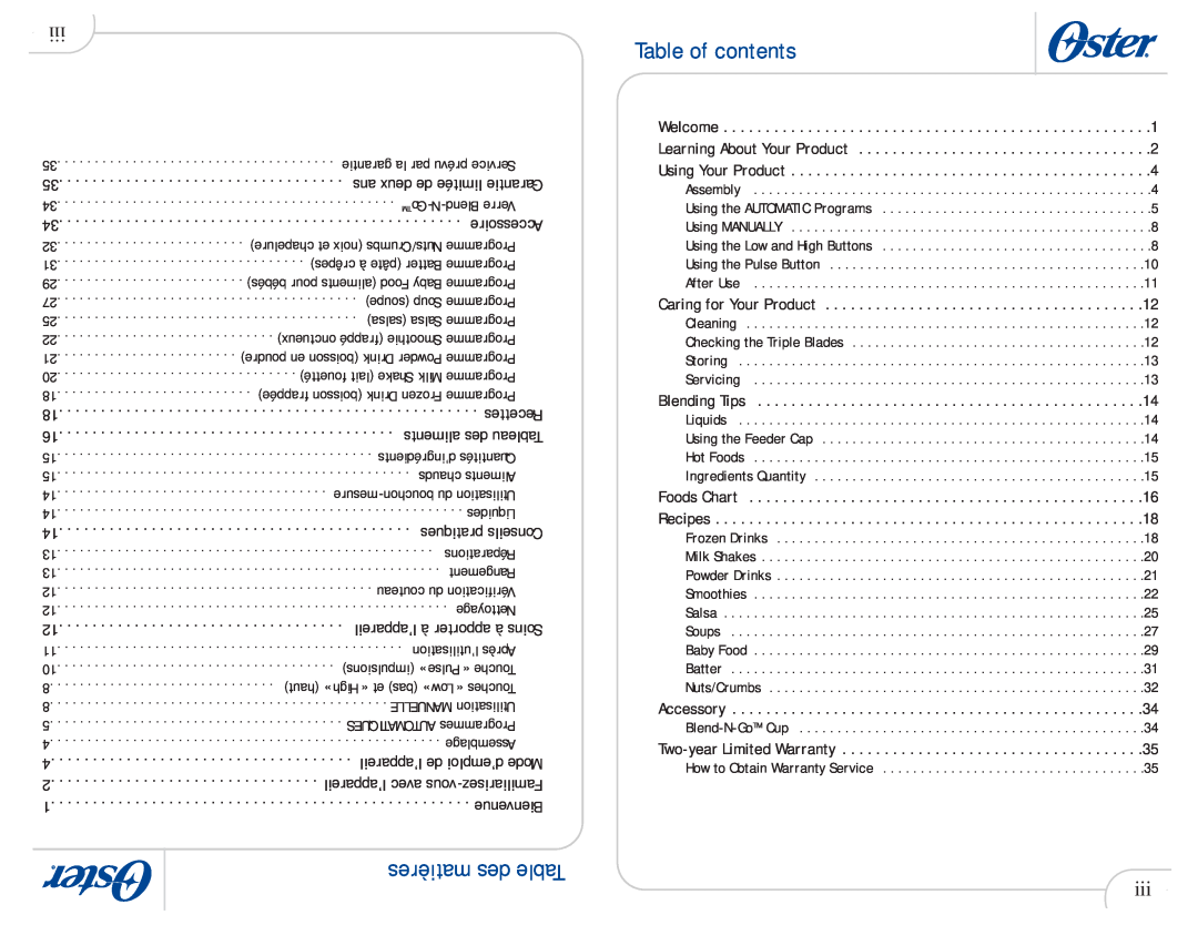 Oster 109478 Table of contents, matières des Table, garantie la par prévu Service, ans deux de limitée Garantie, Recettes 