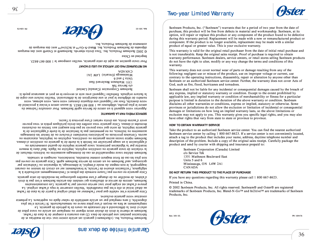 Oster 109478 user manual Two-year Limited Warranty, ans deux de limitée Garantie, Garantie La Par Prévu Service 
