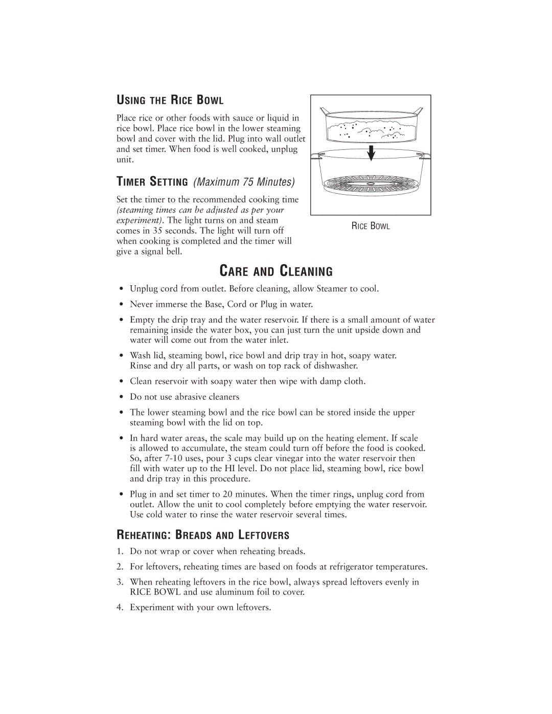 Oster 111858 user manual Using the Rice Bowl, Reheating Breads and Leftovers 