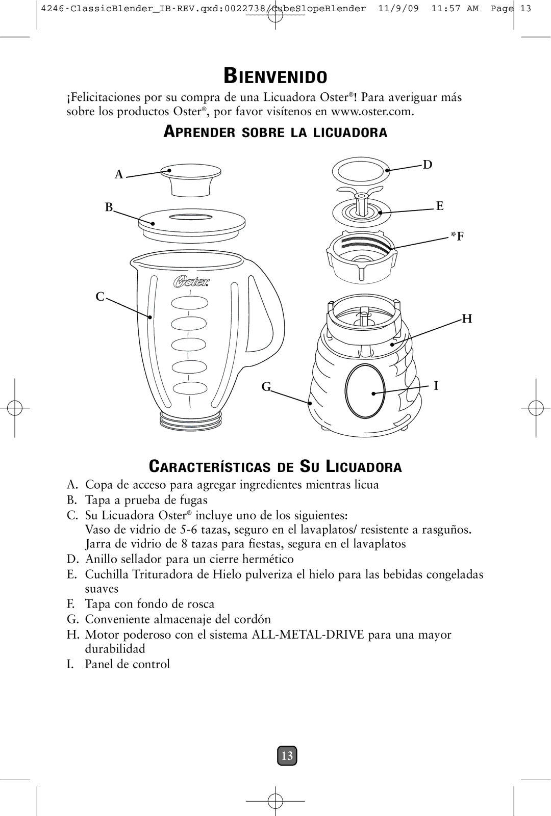 Oster 114279-009 manual Bienveni do 