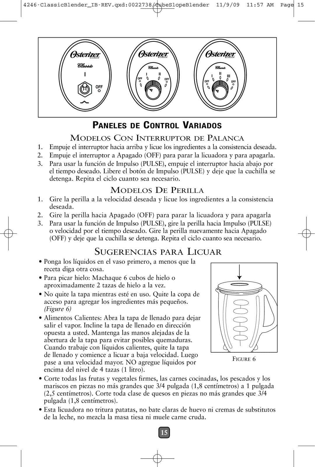 Oster 114279-009 manual Paneles DE Control Variados, Sugerencias Para Licuar 