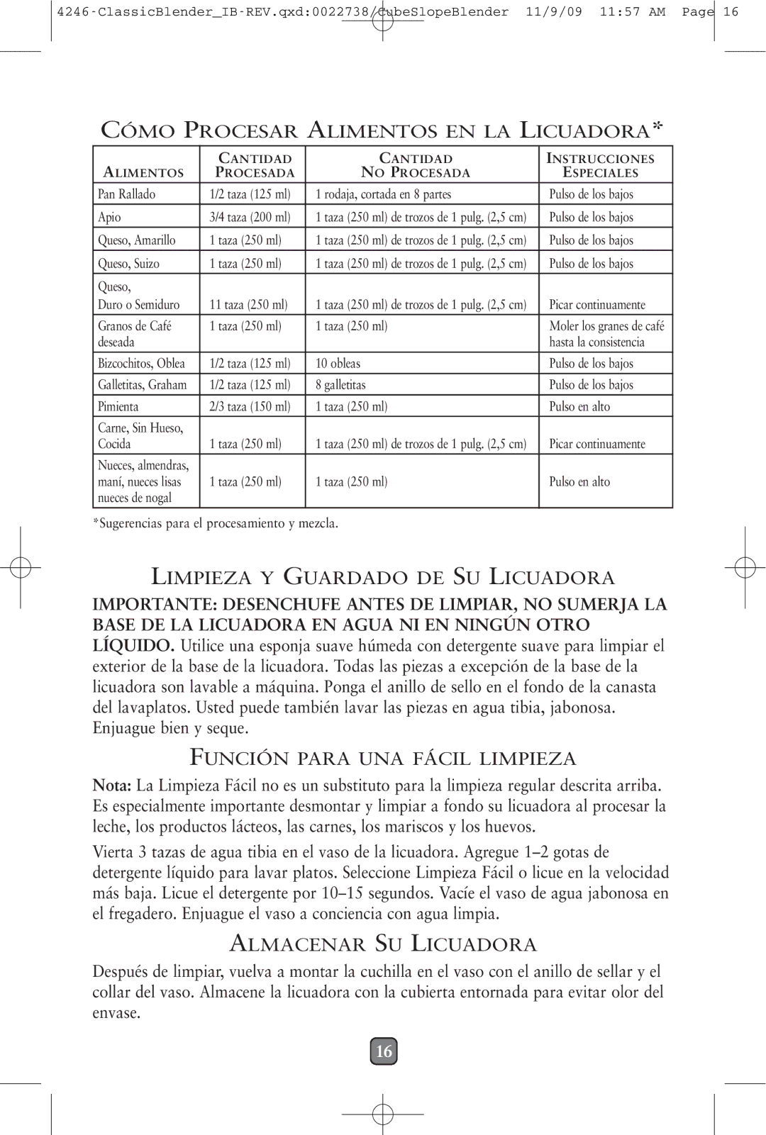 Oster 114279-009 Cómo Procesar Alimentos EN LA Licuadora, Limpieza Y Guardado DE SU Licuadora, Almacenar SU Licuadora 