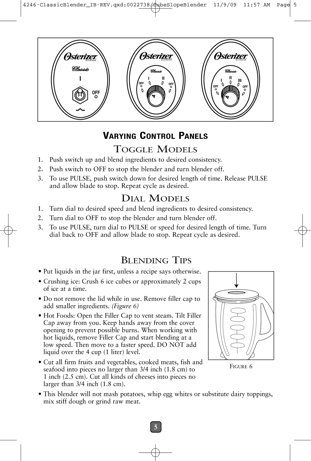 Oster 114279-009 manual Varying Control Panels, Toggle Models, Dial Models, Blending Tips 