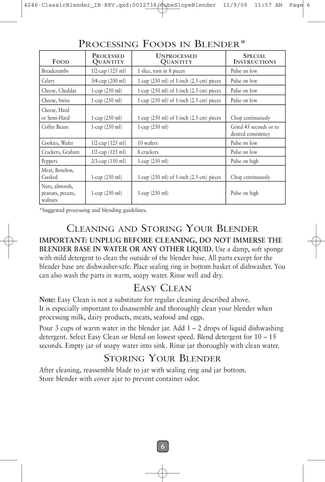 Oster 114279-009 manual Processing Foods in Blender, Cleaning and Storing Your Blender, Easy Clean 