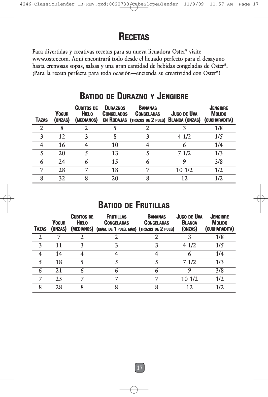 Oster 114279-009 manual Recetas, Batido De Durazno Y Jengibre, Batido De Frutillas 