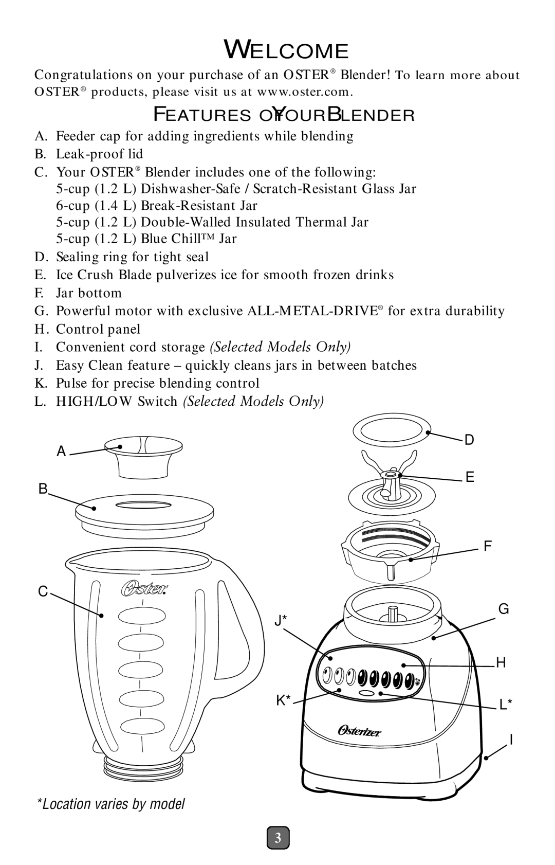 Oster 116530 user manual Welcome, Features of Your Blender 