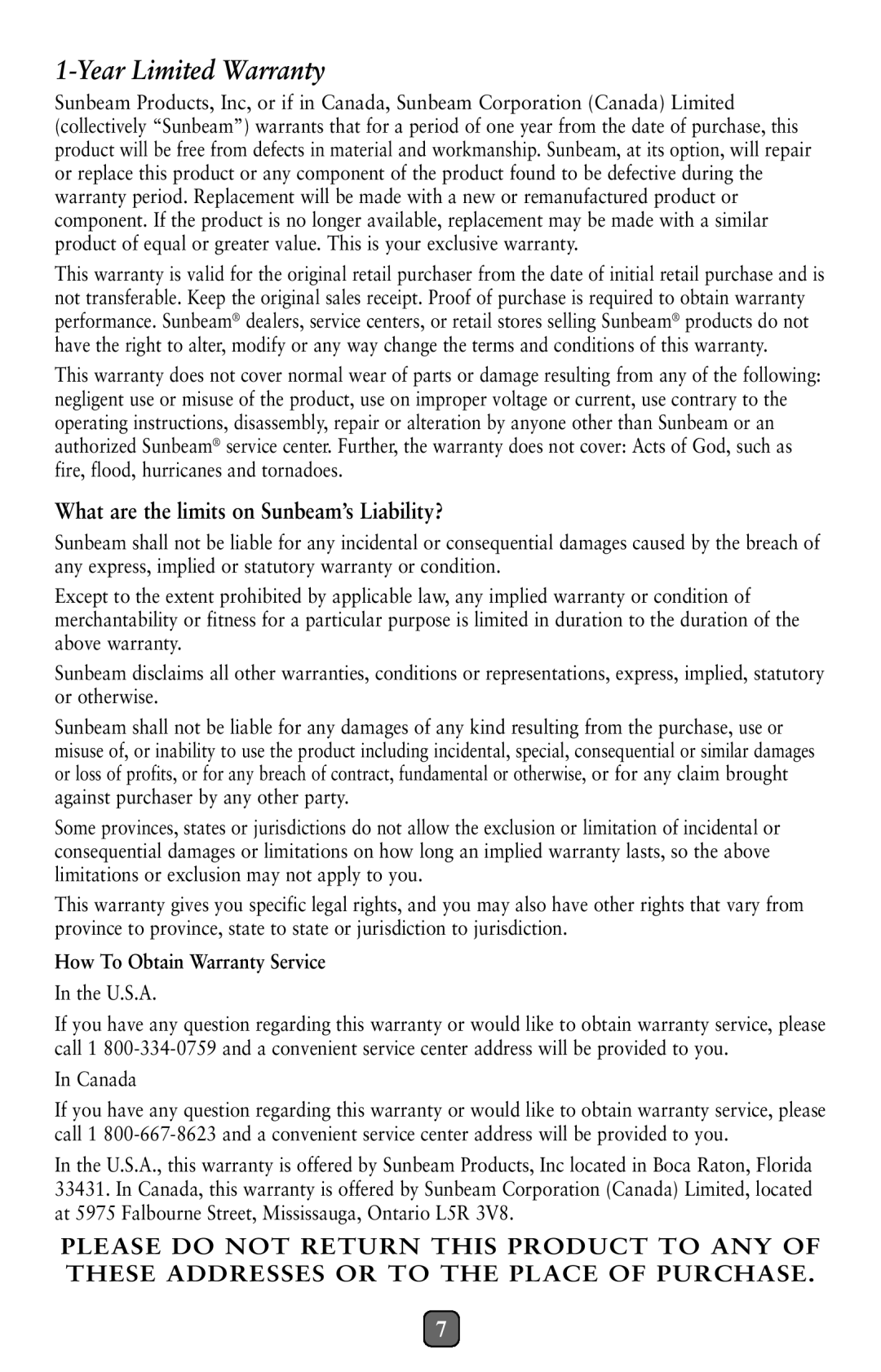 Oster 116530 user manual Year Limited Warranty, What are the limits on Sunbeam’s Liability? 