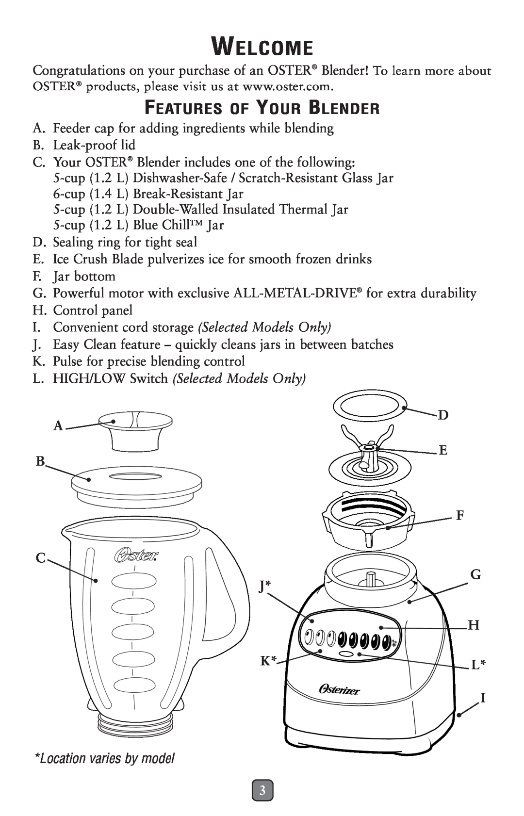 Oster 116530 Welcome, D A E B, Features Of Your Blender, L. HIGH/LOW Switch Selected Models Only, Location varies by model 