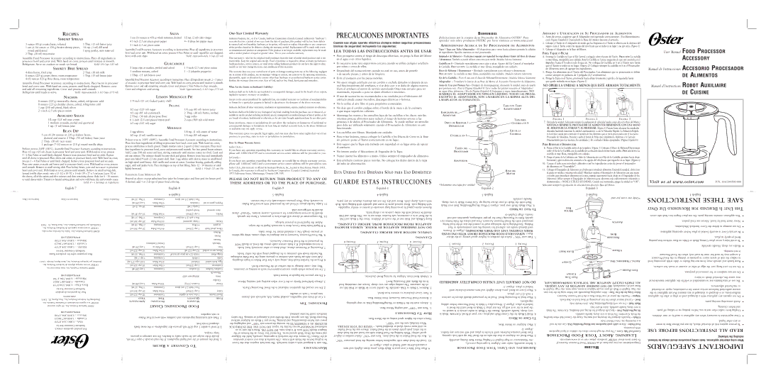 Oster 116534-000-000 user manual English-7, Com.oster.www, English-8, English-9 5-English, Español-1 English 