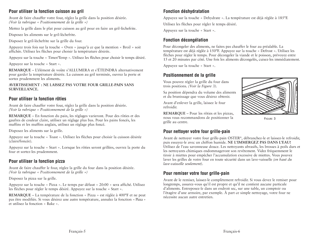 Oster 119311 user manual Pour utiliser la fonction cuisson au gril, Fonction déshydratation, Fonction décongélation 