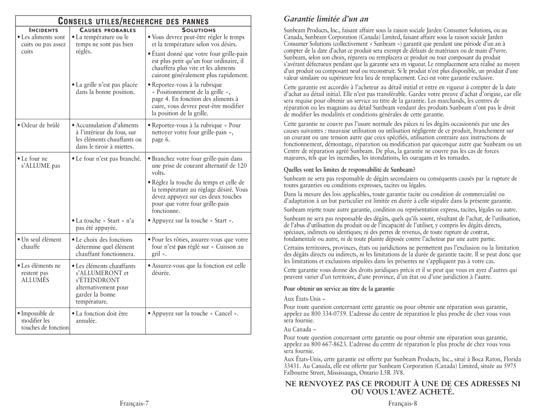 Oster 119311 user manual Garantie limitée d’un an, Quelles sont les limites de responsabilité de Sunbeam? 