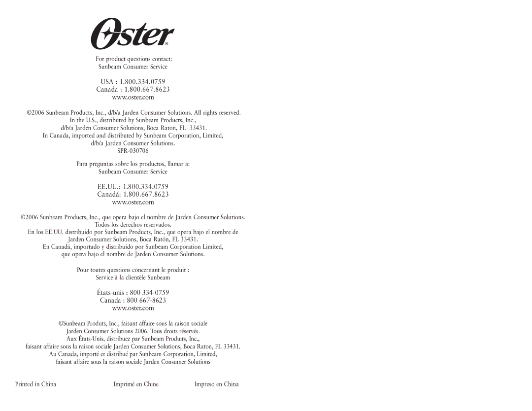 Oster 119311 user manual USA Canada 