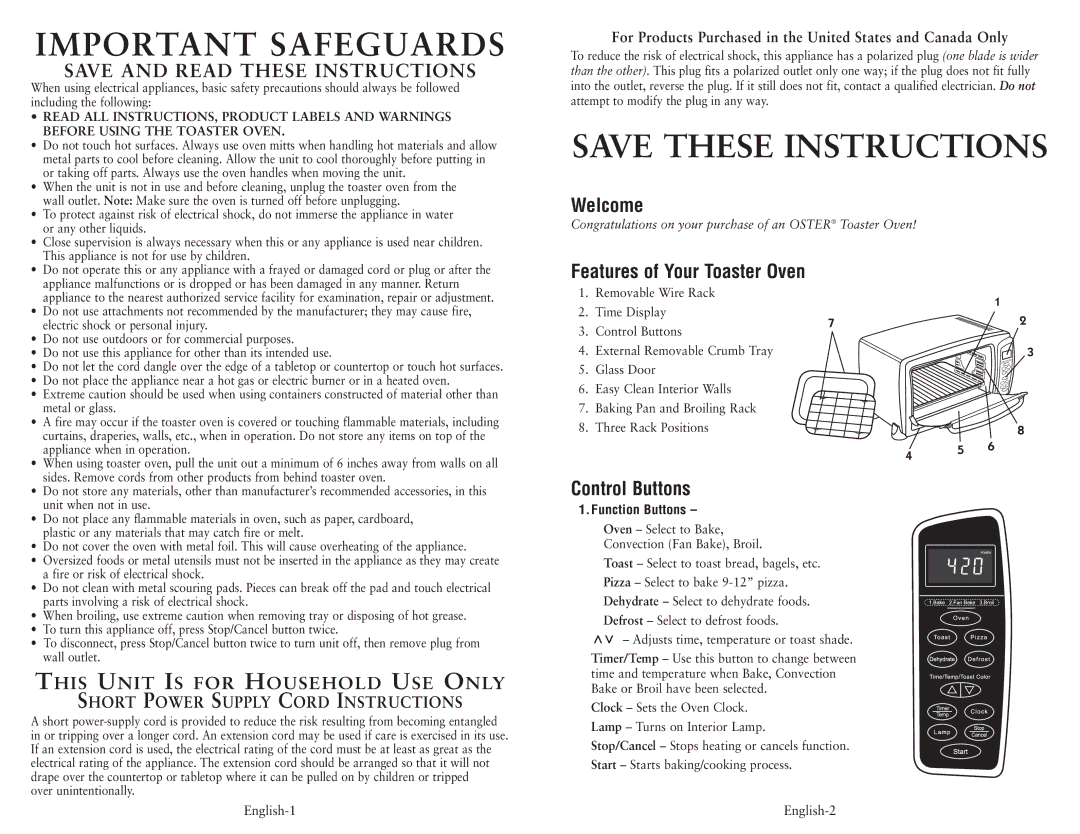 Oster 119311 user manual Important Safeguards, Welcome, Features of Your Toaster Oven, Control Buttons, Function Buttons 