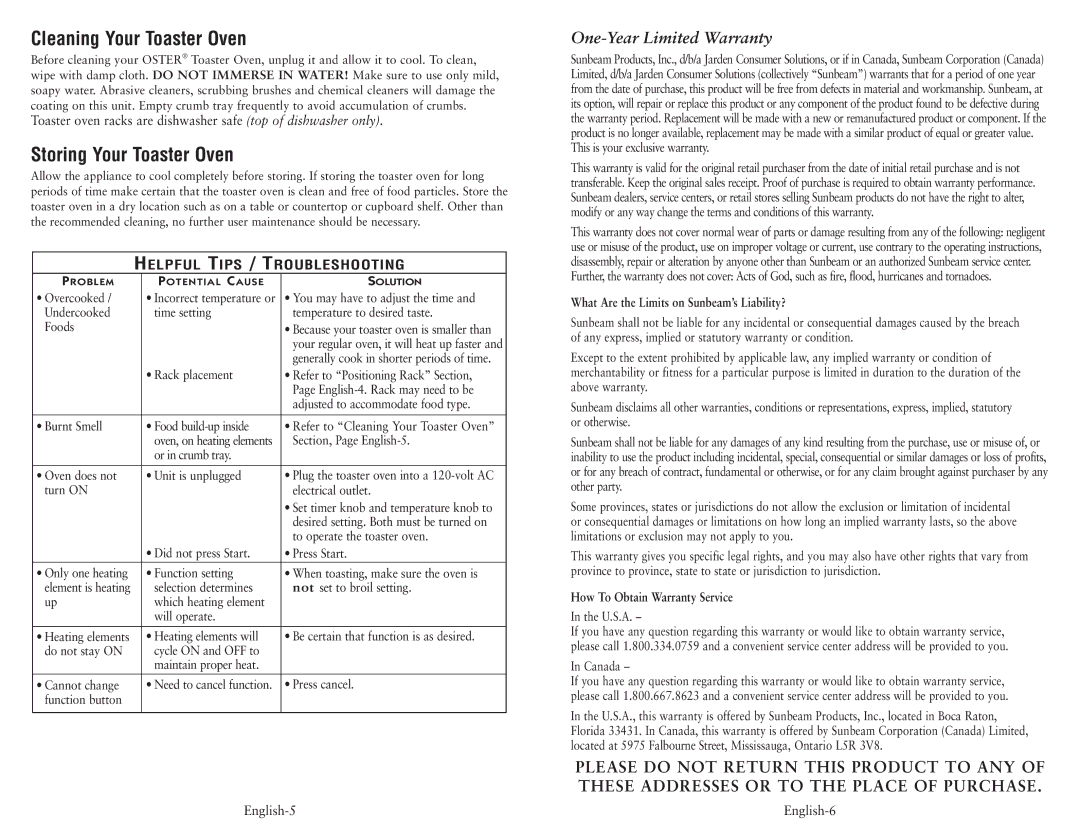 Oster 119311 user manual Cleaning Your Toaster Oven, Storing Your Toaster Oven, One-Year Limited Warranty 