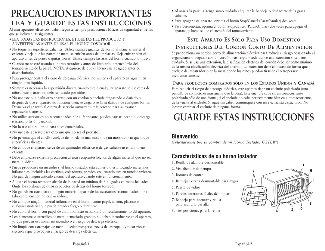 Oster 119311 user manual Precauciones Importantes, Bienvenido, Características de su horno tostador 