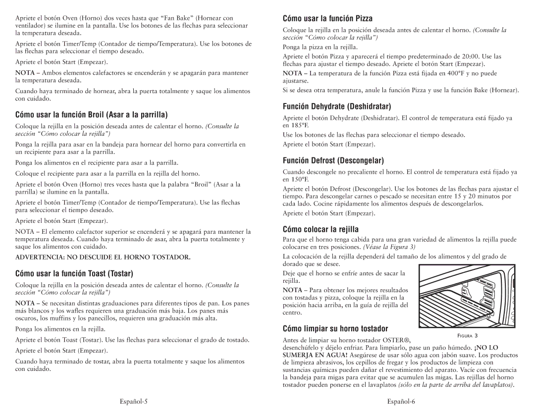 Oster 119311 Cómo usar la función Broil Asar a la parrilla, Cómo usar la función Toast Tostar, Cómo usar la función Pizza 