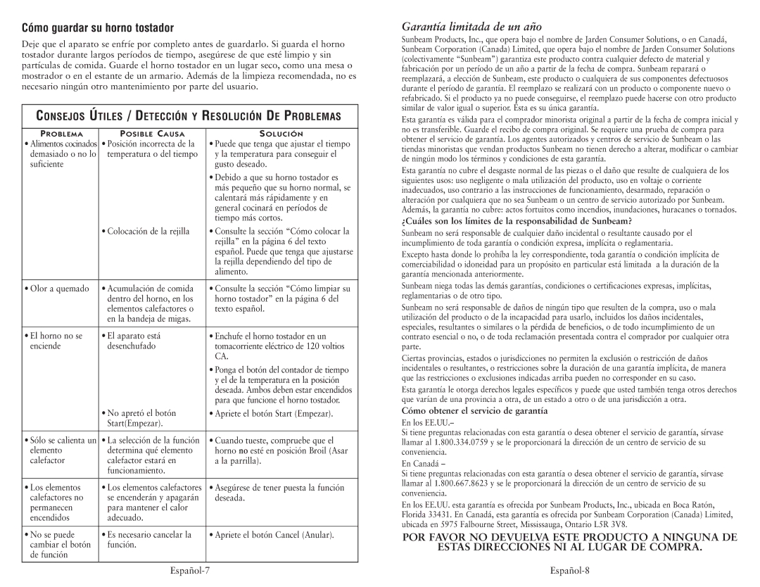 Oster 119311 user manual Cómo guardar su horno tostador, Garantía limitada de un año, Cómo obtener el servicio de garantía 