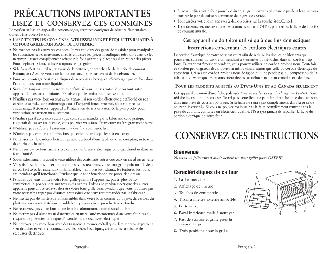 Oster 119311 user manual Précautions Importantes, Bienvenue 