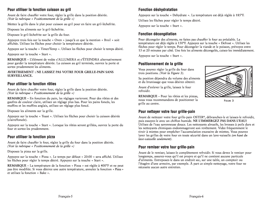 Oster 119311 user manual Pour utiliser la fonction cuisson au gril, Fonction déshydratation, Fonction décongélation 