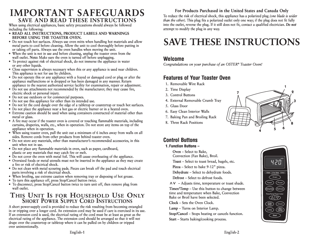 Oster 119311 Important Safeguards, Save These Instructions, Welcome, Features of Your Toaster Oven, Control Buttons 