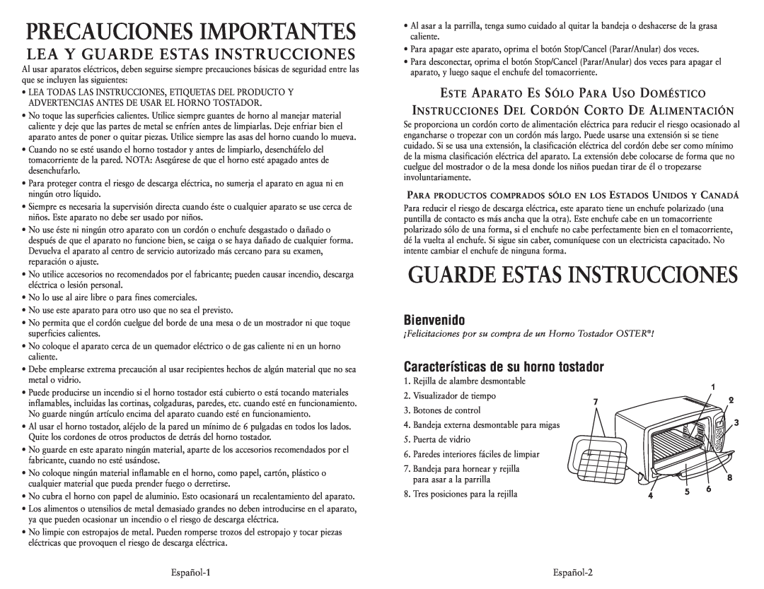 Oster 119311 user manual Precauciones Importantes, Lea Y Guarde Estas Instrucciones, Bienvenido 