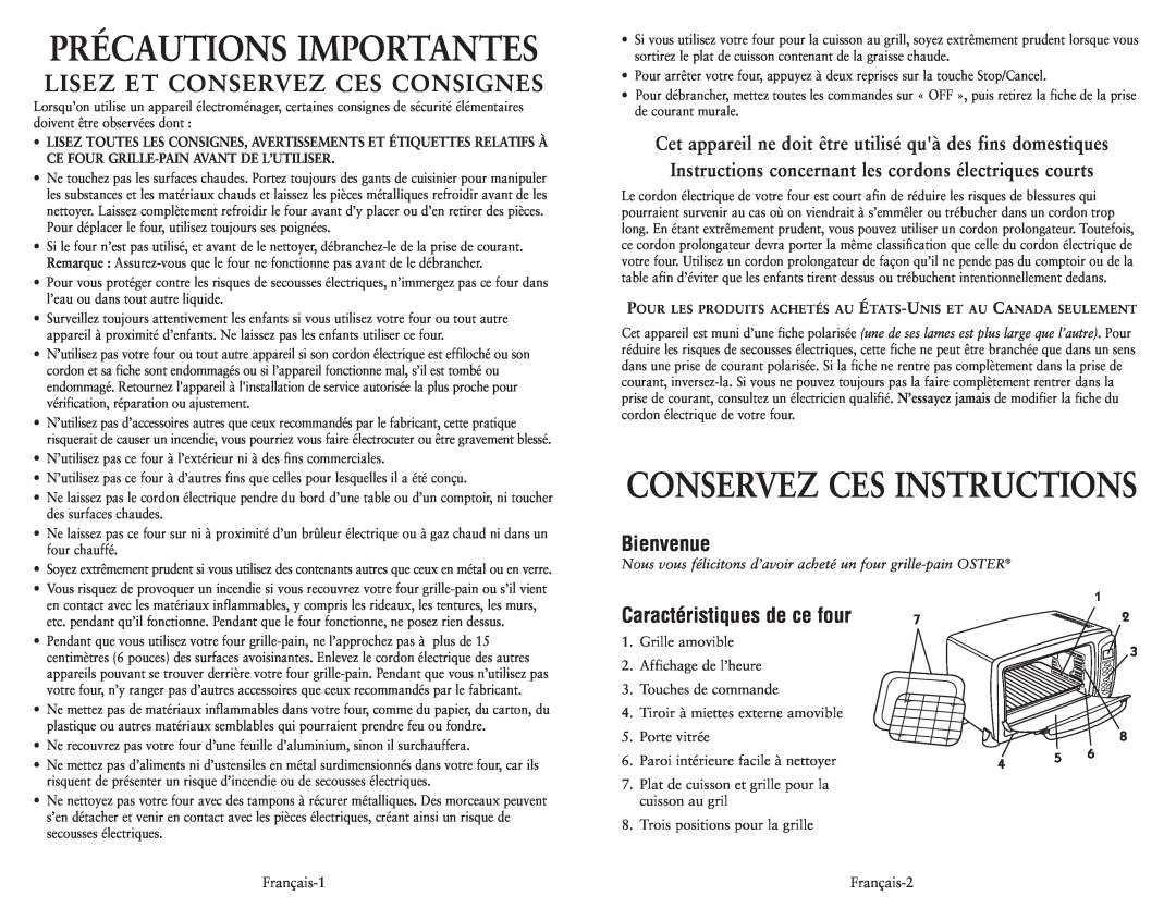 Oster 119311 user manual Précautions Importantes, Conservez Ces Instructions, Lisez Et Conservez Ces Consignes, Bienvenue 