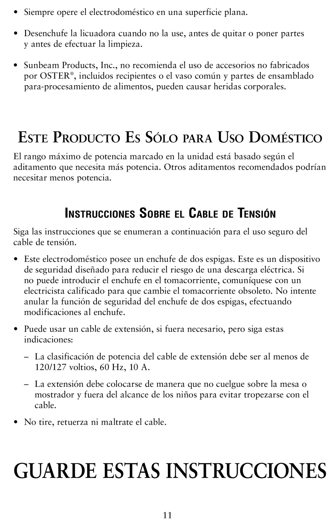 Oster 120761-100 user manual Guarde Estas Instrucciones 