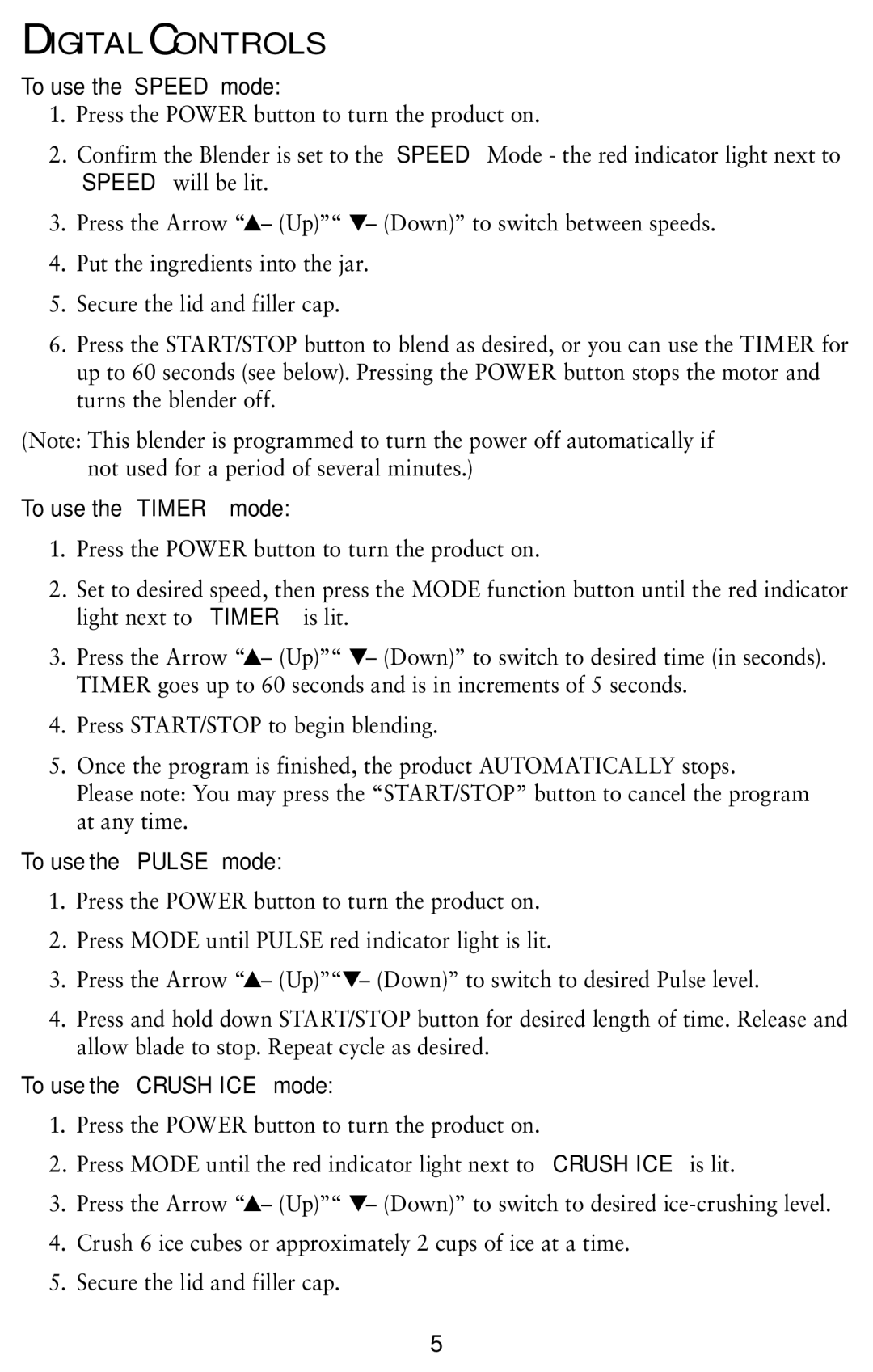 Oster 120761-100 user manual Digital Controls, To use the Speed mode, To use the Timer mode, To use the Pulse mode 